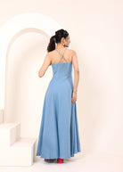 Sky Blue Linen Blend Tube Flared Maxi Dress with Pockets - Kaoribyshreya