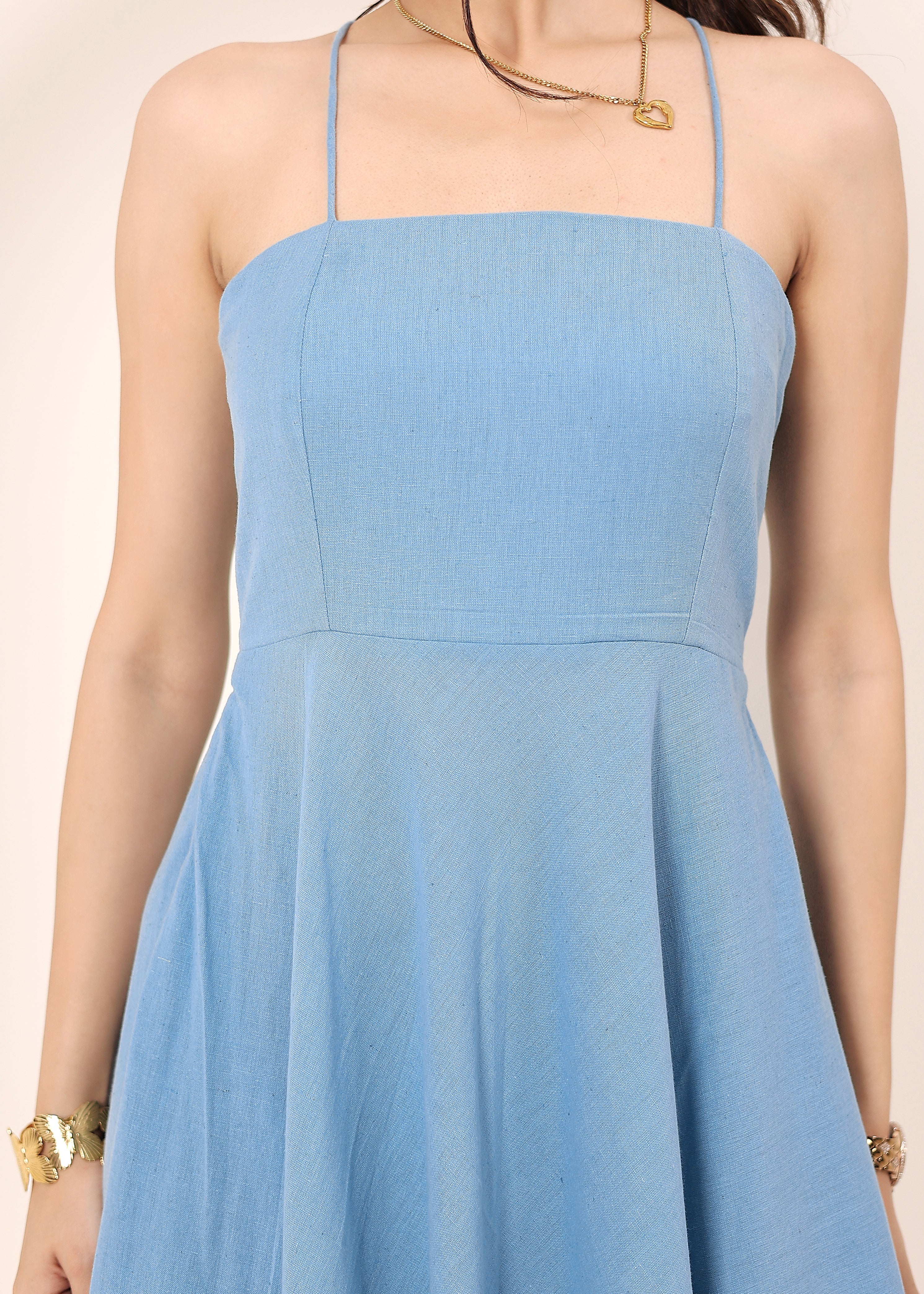 Sky Blue Linen Blend Tube Flared Maxi Dress with Pockets - Kaoribyshreya