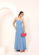 Sky Blue Linen Blend Tube Flared Maxi Dress with Pockets - Kaoribyshreya
