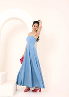 Sky Blue Linen Blend Tube Flared Maxi Dress with Pockets - Kaoribyshreya