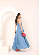 Sky Blue Linen Blend Tube Flared Maxi Dress with Pockets - Kaoribyshreya