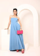 Sky Blue Linen Blend Tube Flared Maxi Dress with Pockets - Kaoribyshreya