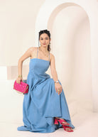Sky Blue Linen Blend Tube Flared Maxi Dress with Pockets - Kaoribyshreya