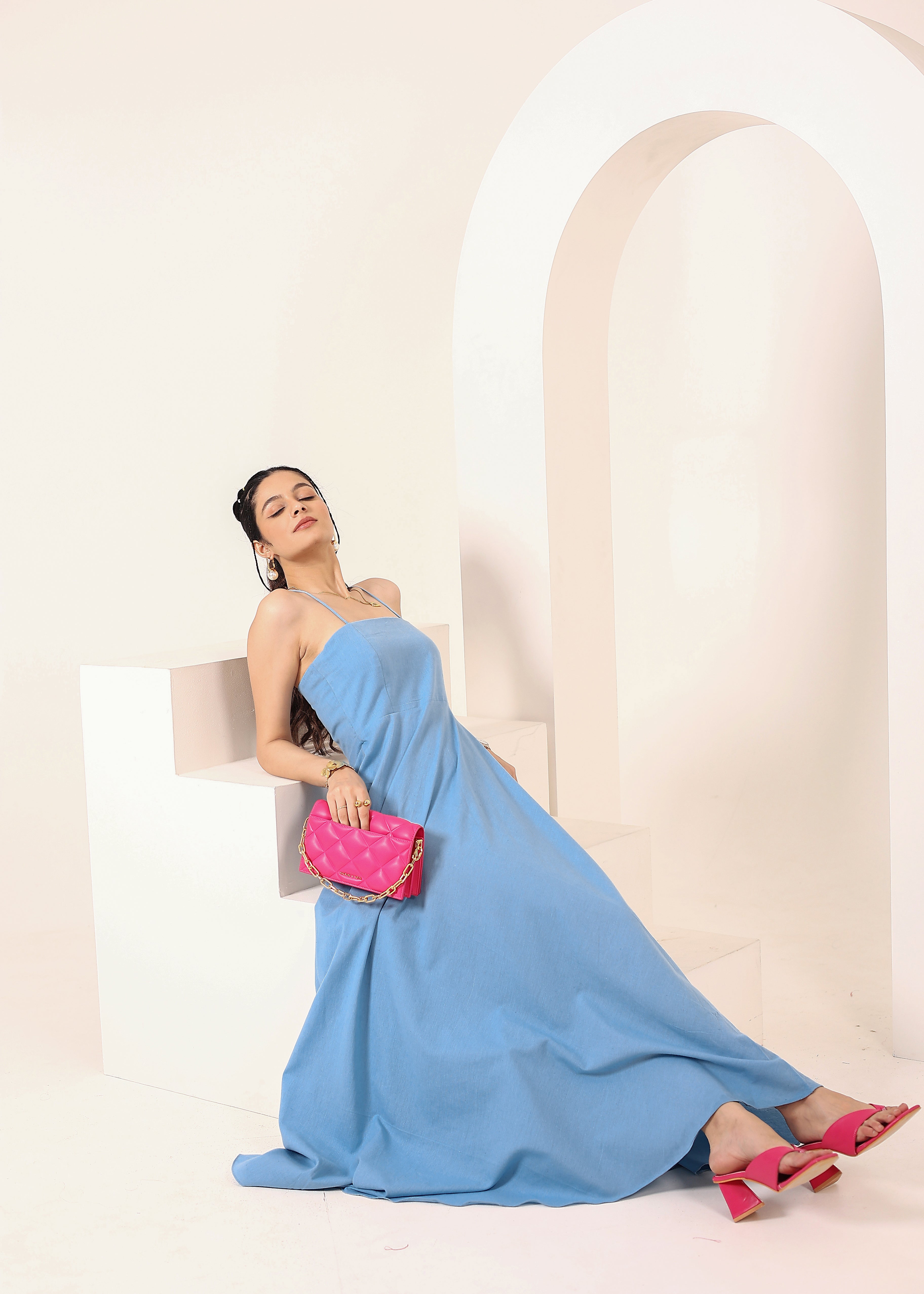 Sky Blue Linen Blend Tube Flared Maxi Dress with Pockets - Kaoribyshreya