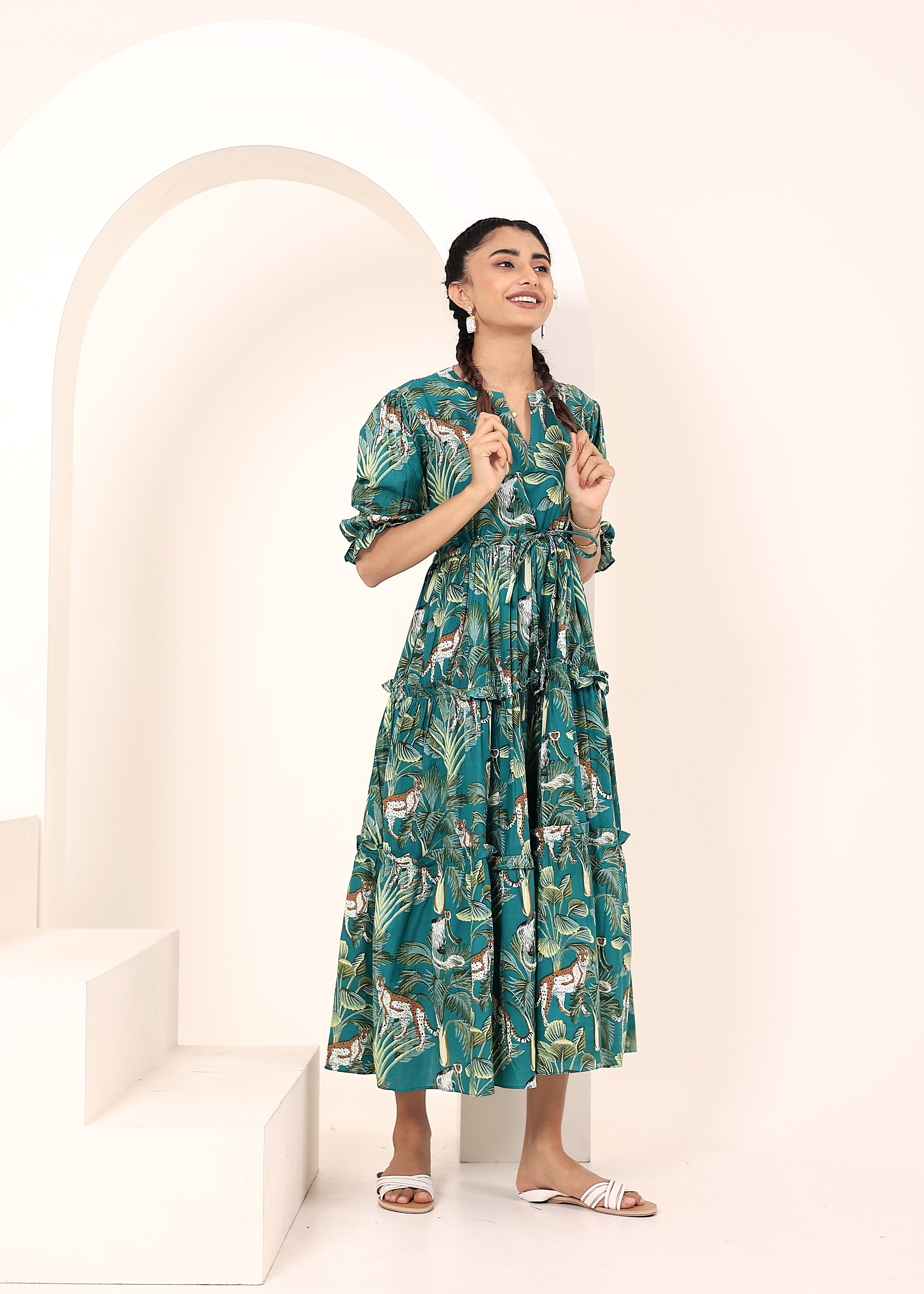 Teal Tropical Printed Drawstring Dress with Pockets - Kaoribyshreya