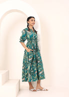 Teal Tropical Printed Drawstring Dress with Pockets - Kaoribyshreya