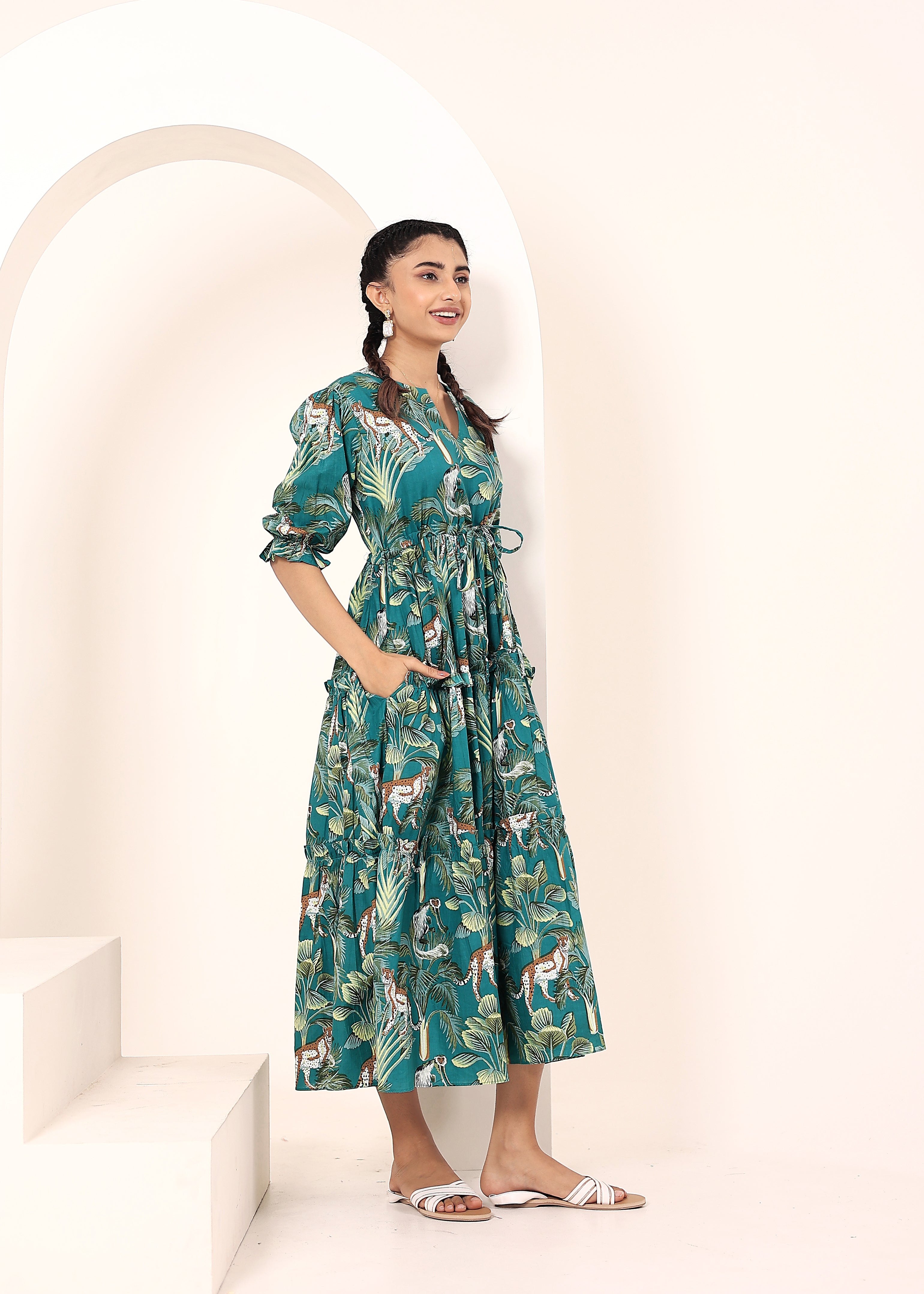 Teal Tropical Printed Drawstring Dress with Pockets - Kaoribyshreya