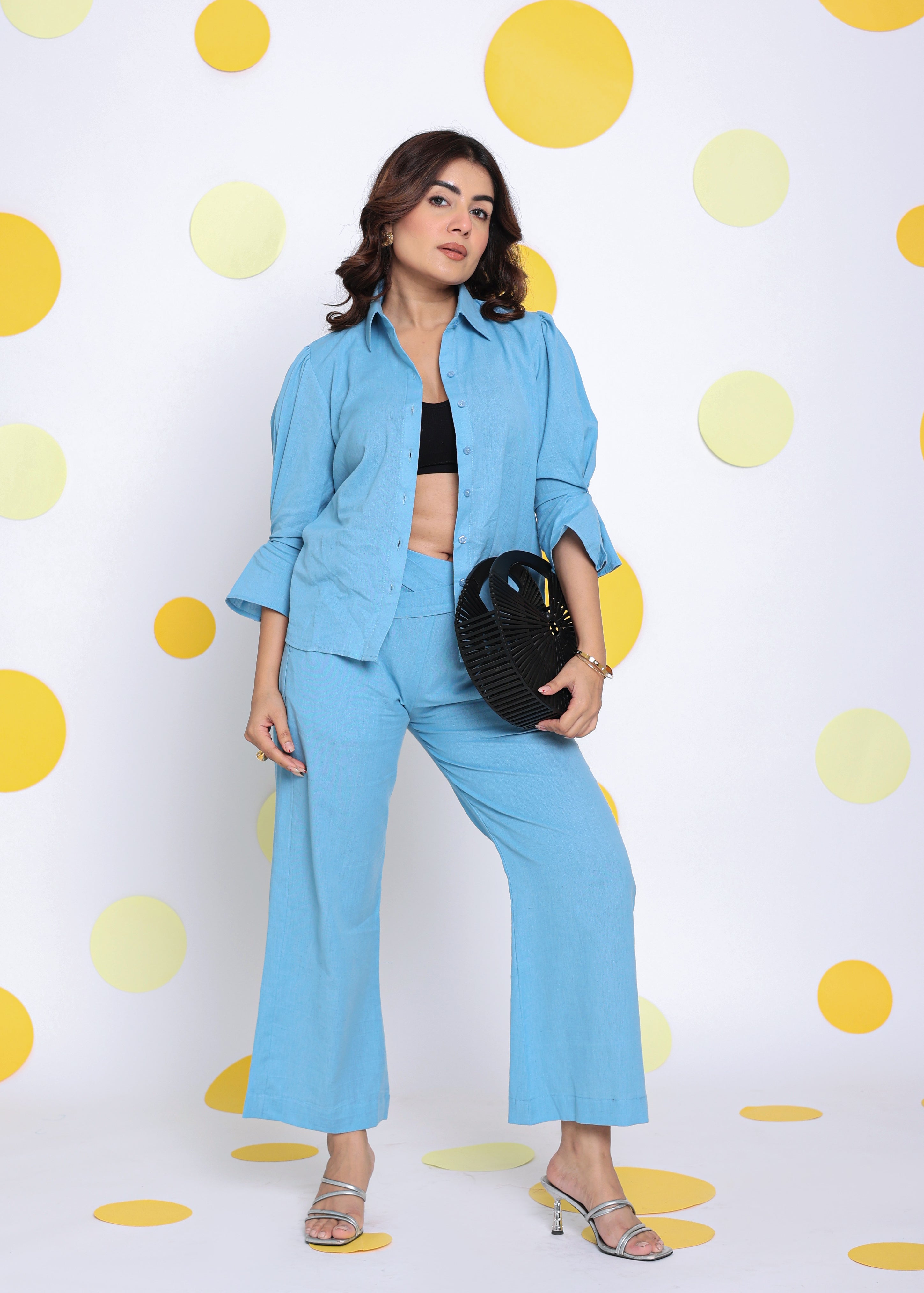 Sky Blue Shirt and Pant 2 Piece Set Summer Relaxed Linen Co-ord Set - Kaoribyshreya