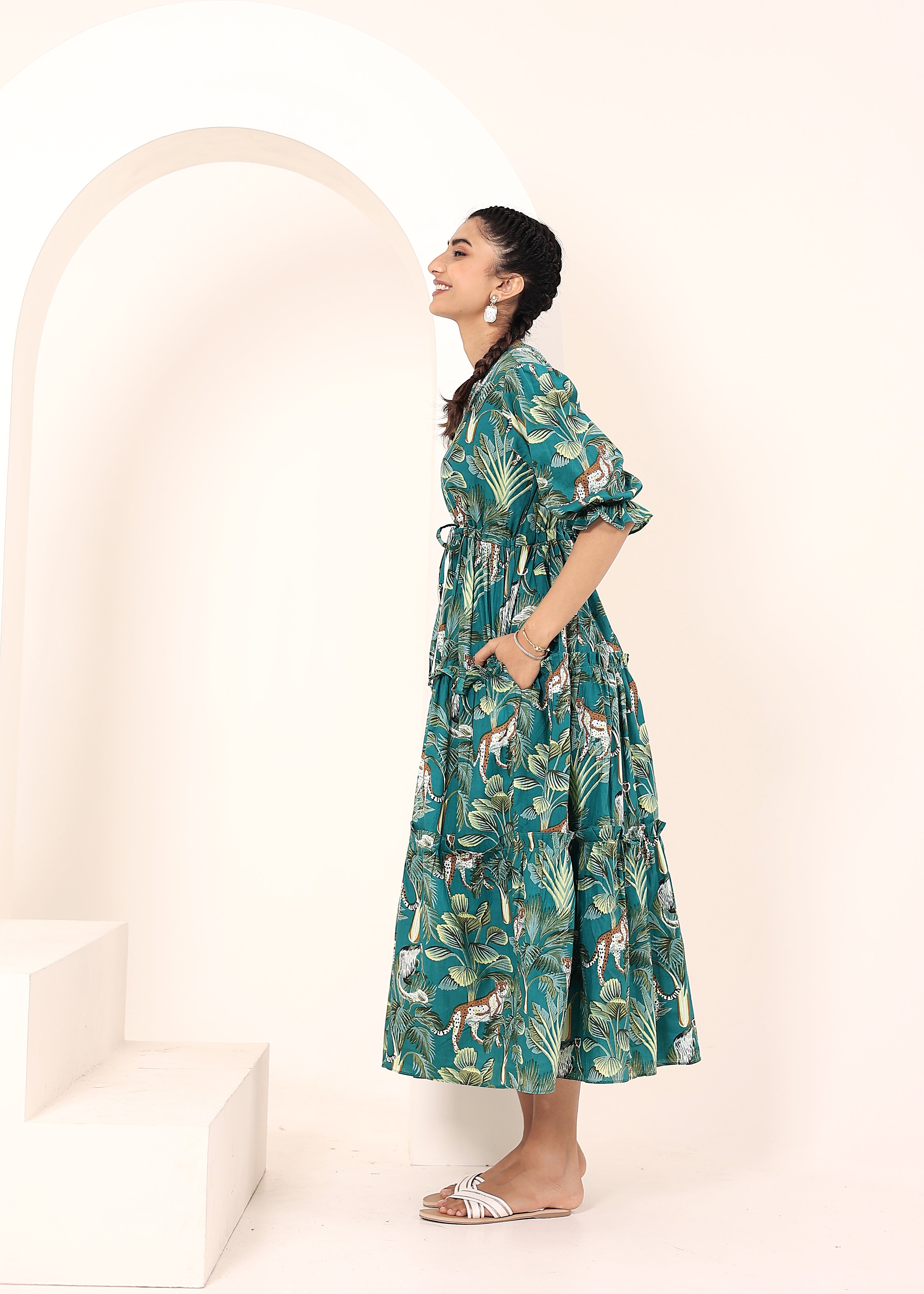 Teal Tropical Printed Drawstring Dress with Pockets - Kaoribyshreya