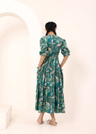 Teal Tropical Printed Drawstring Dress with Pockets - Kaoribyshreya