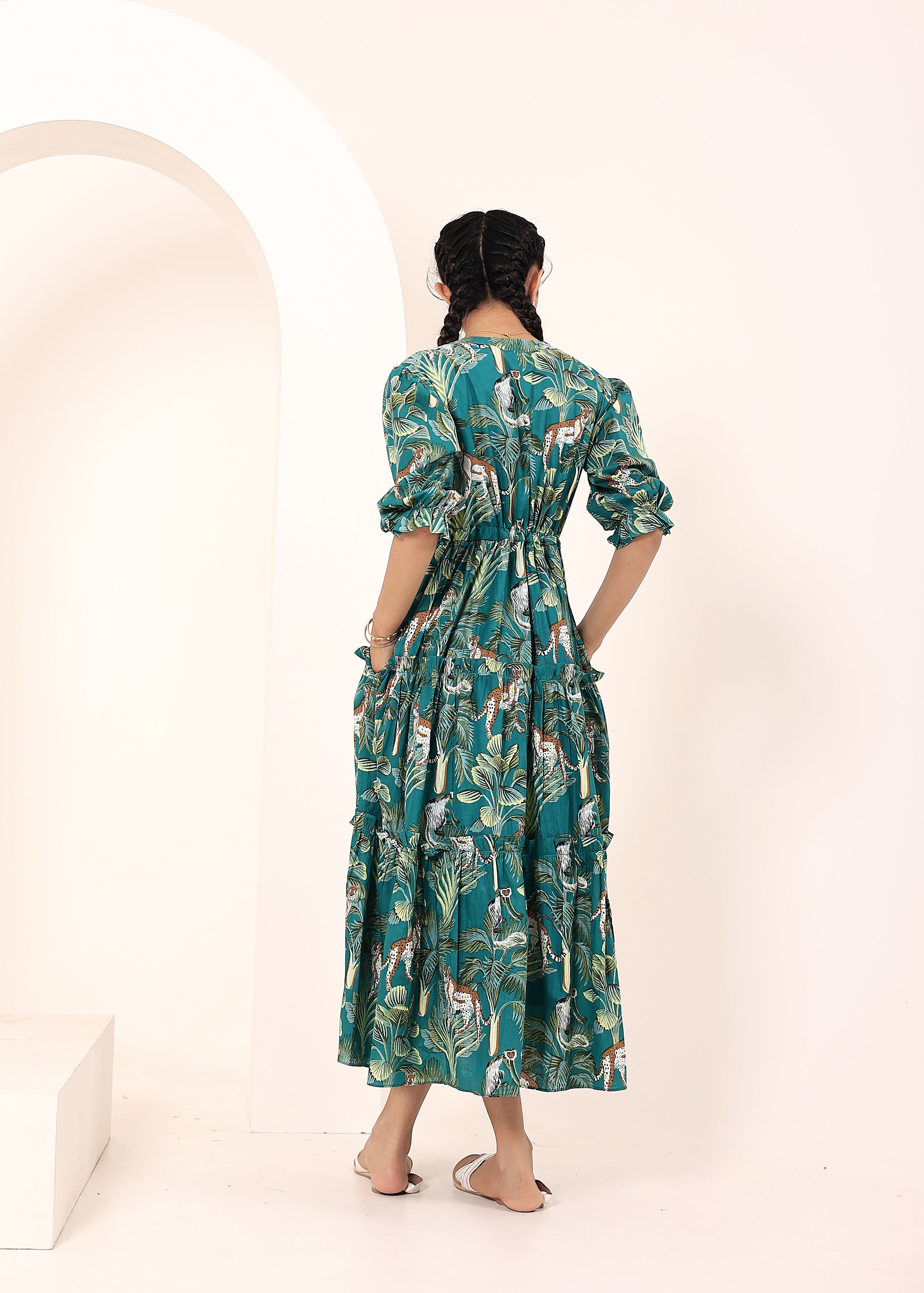 Teal Tropical Printed Drawstring Dress with Pockets - Kaoribyshreya