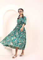 Teal Tropical Printed Drawstring Dress with Pockets - Kaoribyshreya