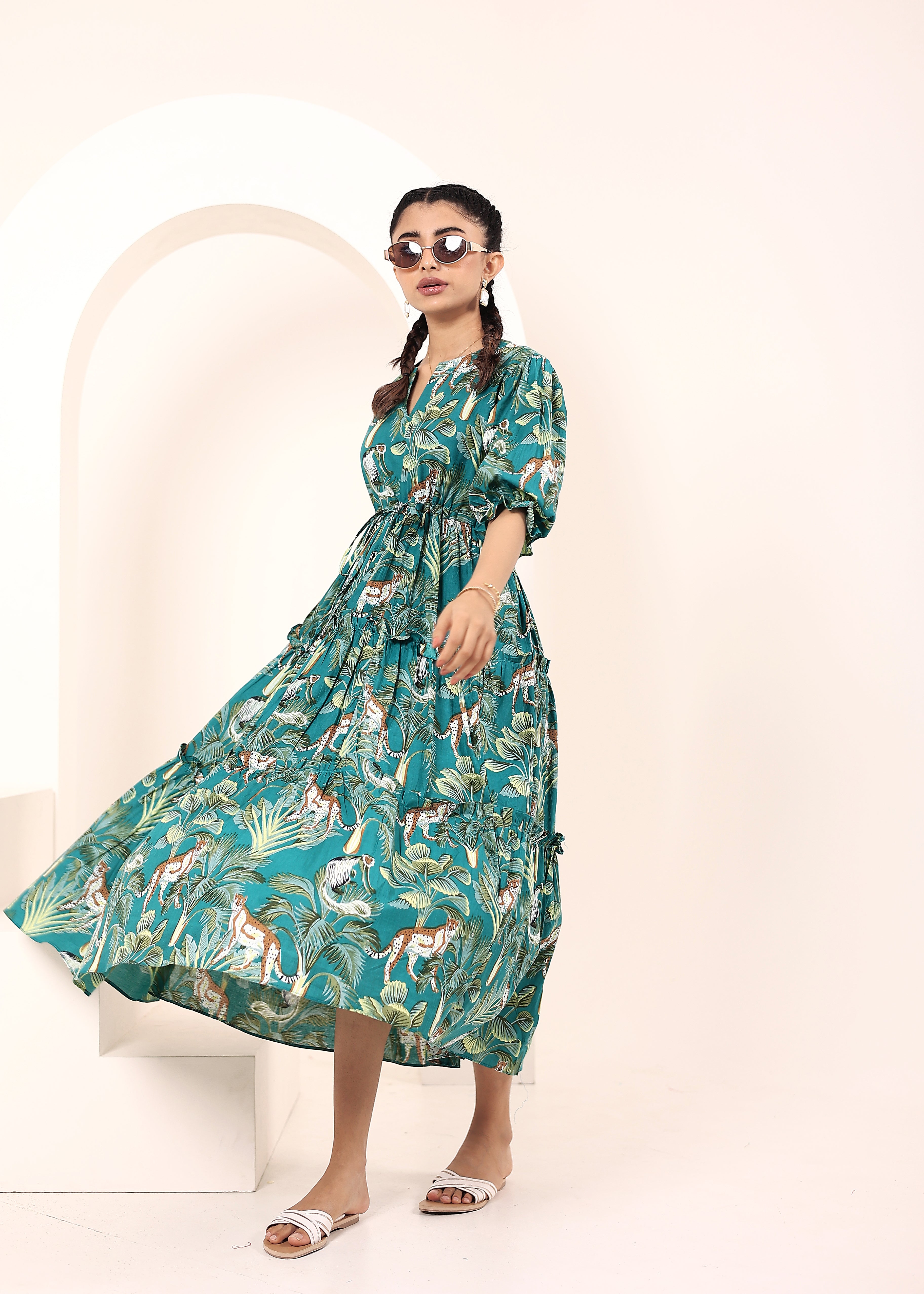 Teal Tropical Printed Drawstring Dress with Pockets - Kaoribyshreya