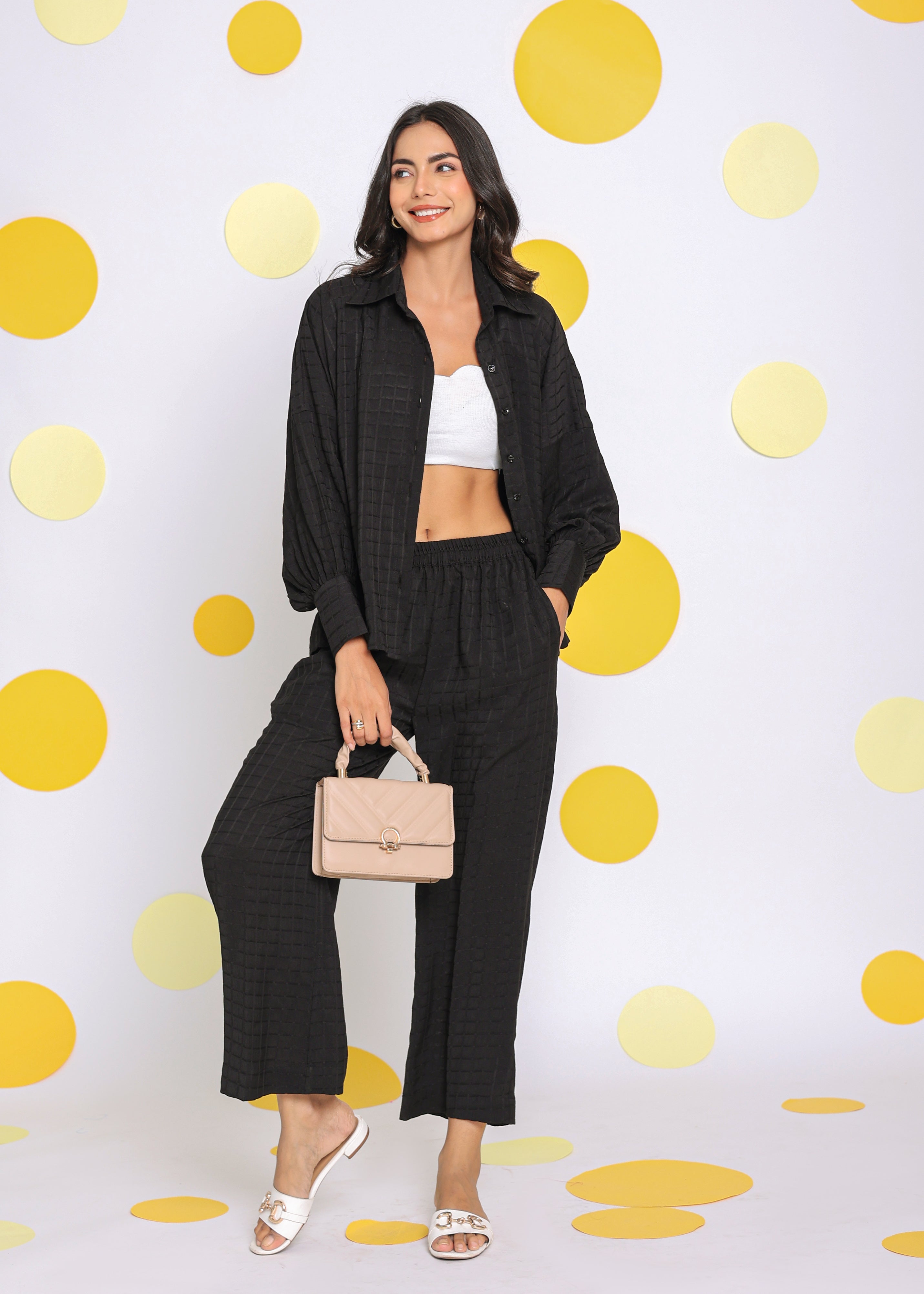 Solid Black Shirt and Pant Two Piece Set Summer Everyday Wear Co-ord Set - Kaoribyshreya