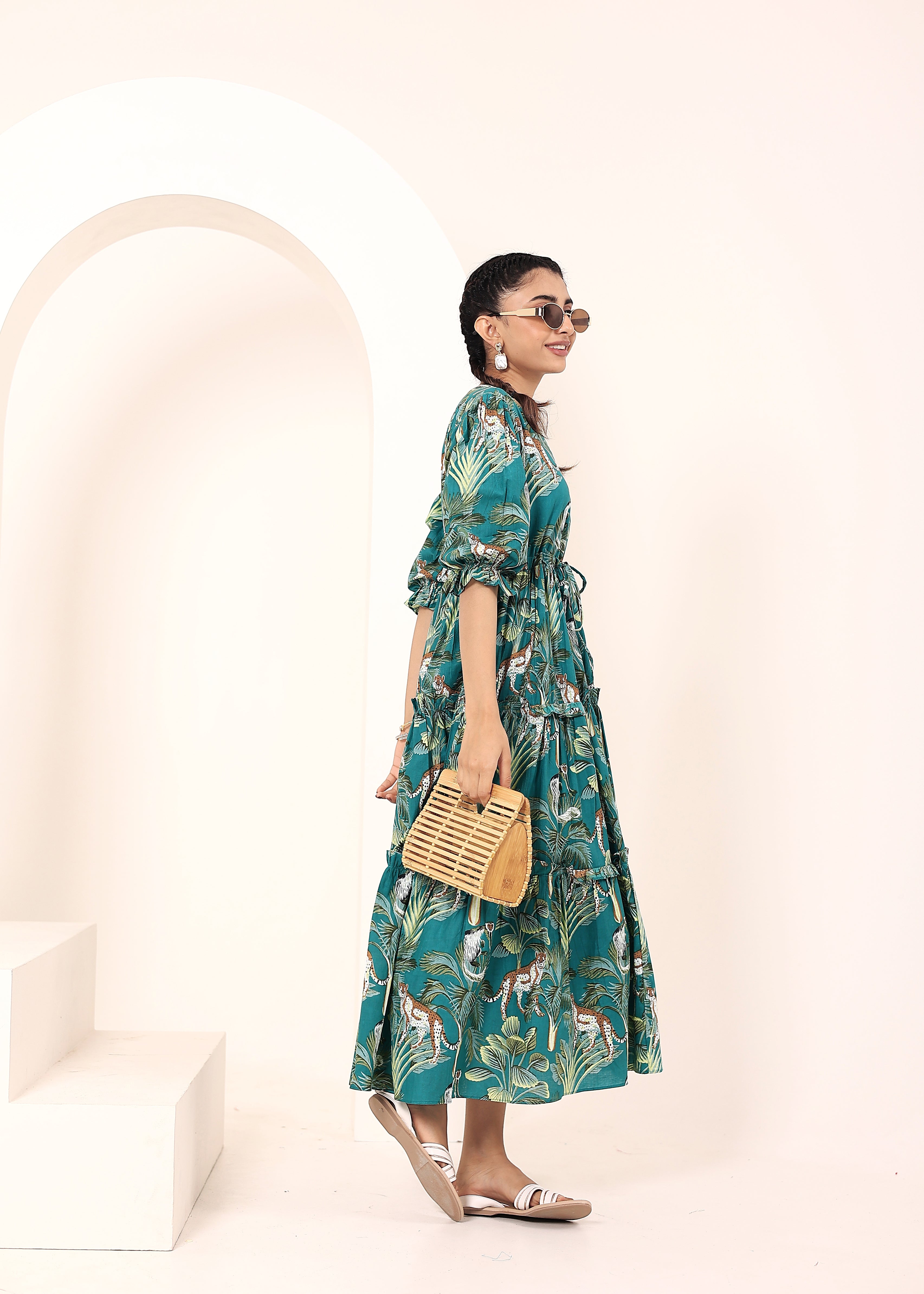 Teal Tropical Printed Drawstring Dress with Pockets - Kaoribyshreya