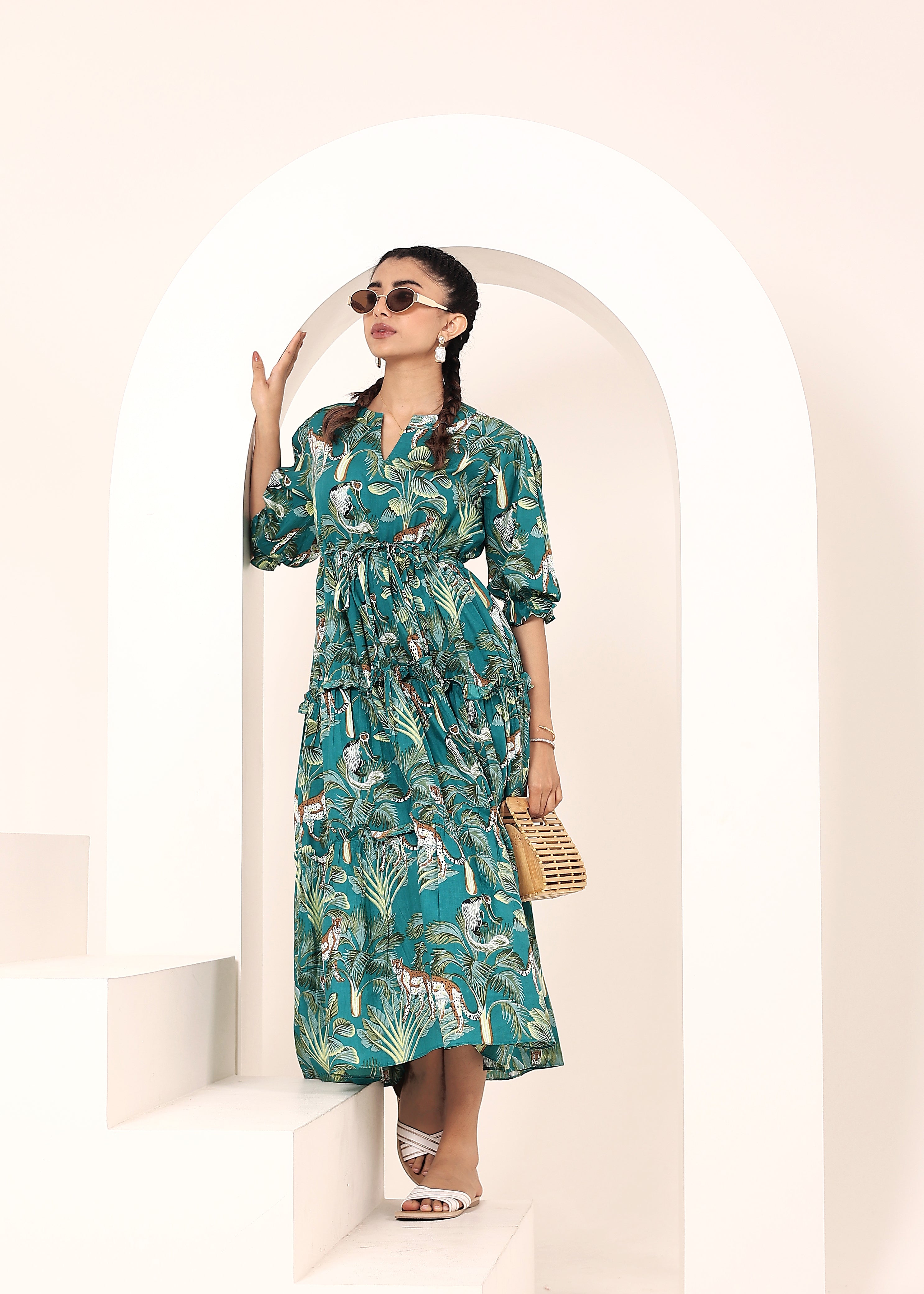 Teal Tropical Printed Drawstring Dress with Pockets - Kaoribyshreya
