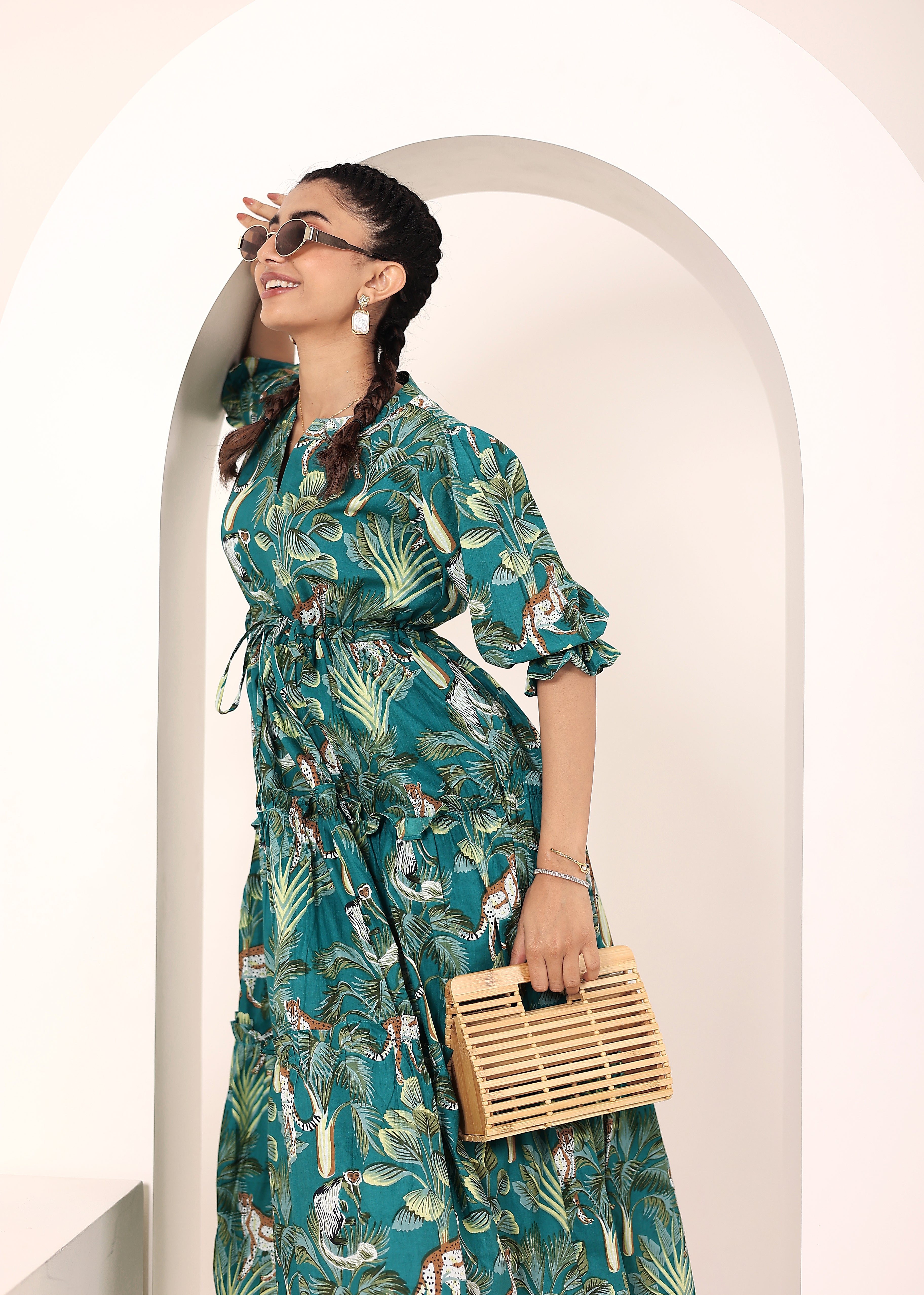 Teal Tropical Printed Drawstring Dress with Pockets - Kaoribyshreya