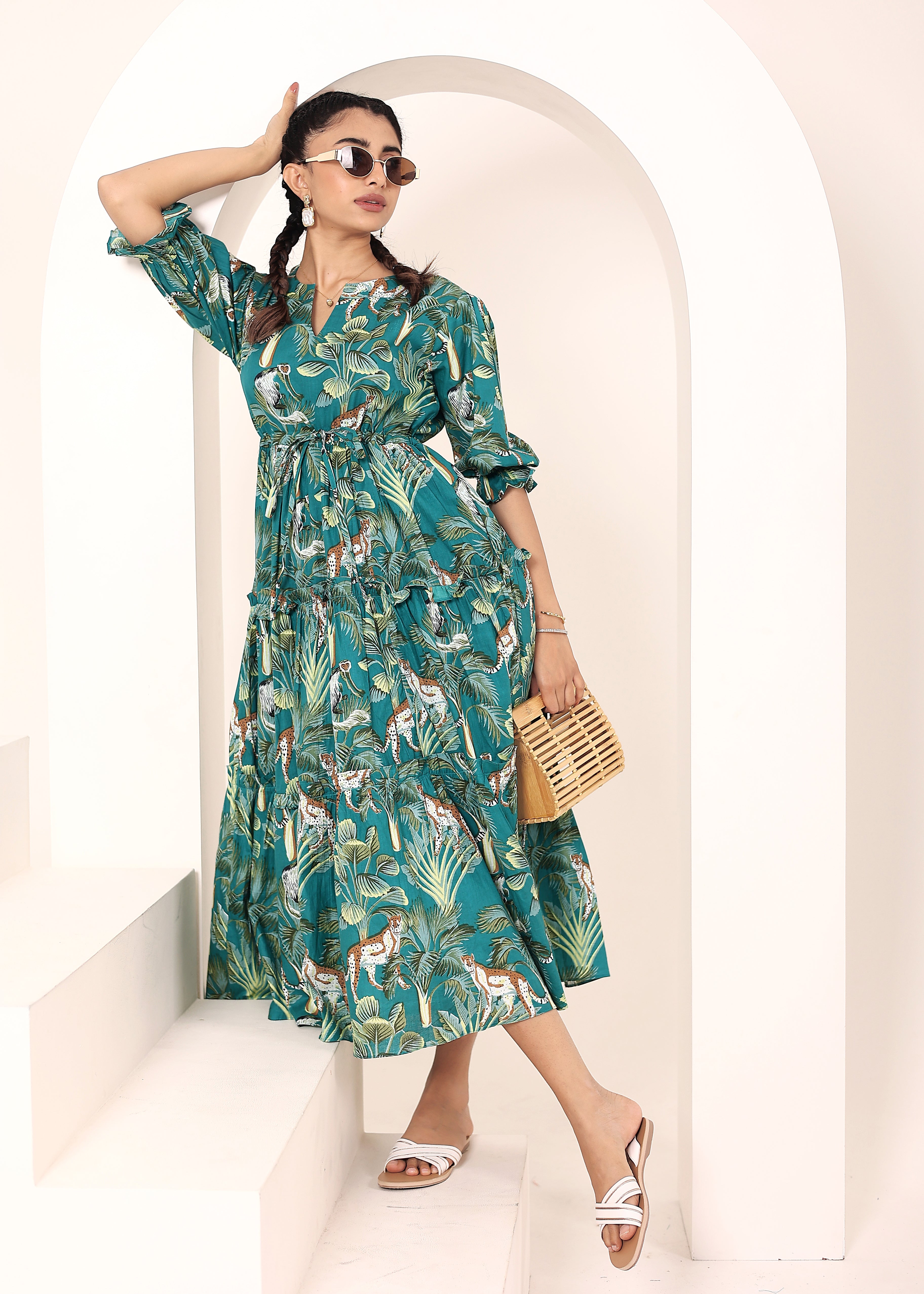 Teal Tropical Printed Drawstring Dress with Pockets - Kaoribyshreya