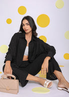 Solid Black Shirt and Pant Two Piece Set Summer Everyday Wear Co-ord Set - Kaoribyshreya