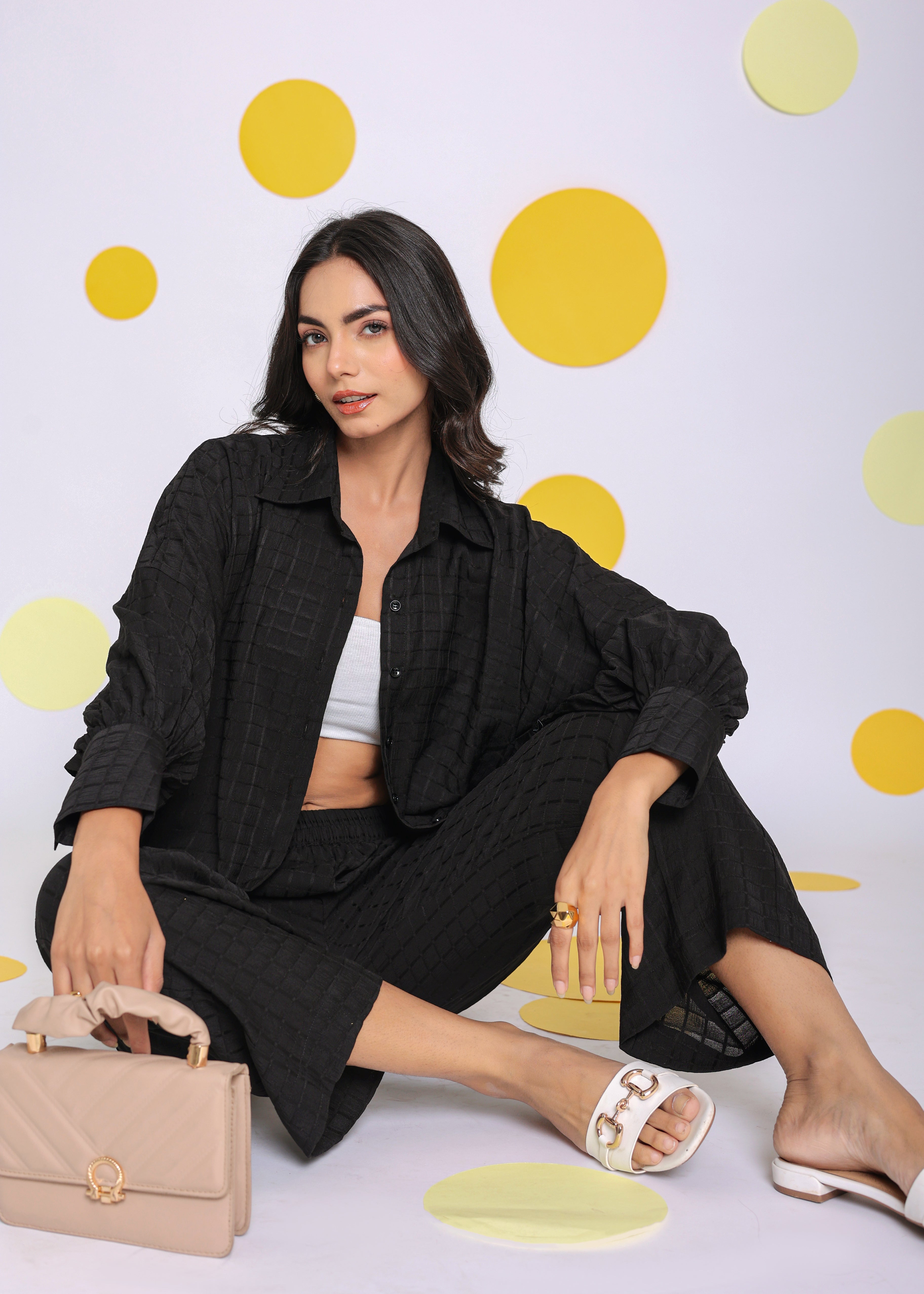 Solid Black Shirt and Pant Two Piece Set Summer Everyday Wear Co-ord Set - Kaoribyshreya