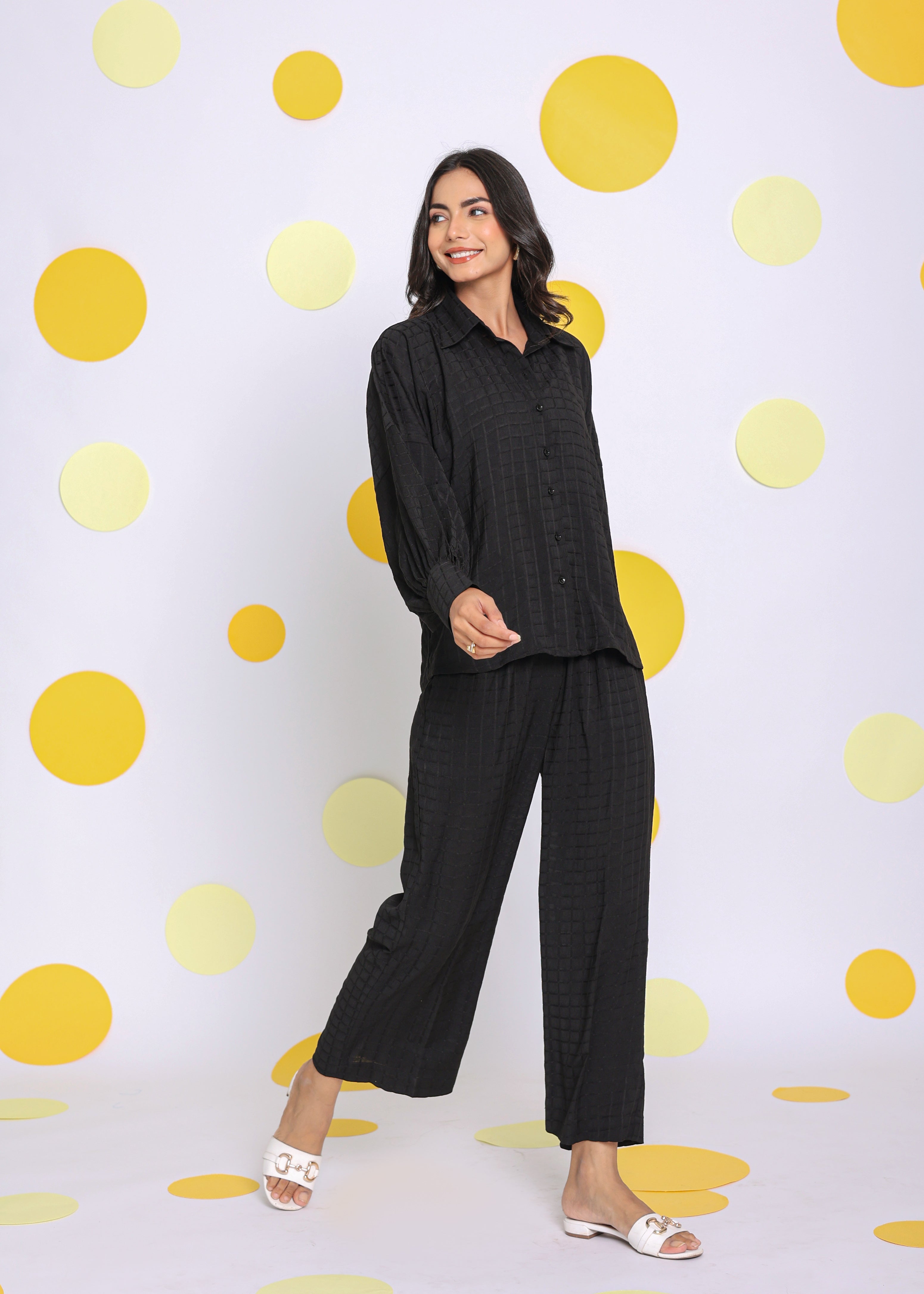 Solid Black Shirt and Pant Two Piece Set Summer Everyday Wear Co-ord Set - Kaoribyshreya