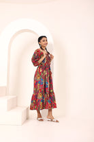 Pink Tropical Printed Off-Shoulder Smocked Midi Dress with Pockets - Kaoribyshreya