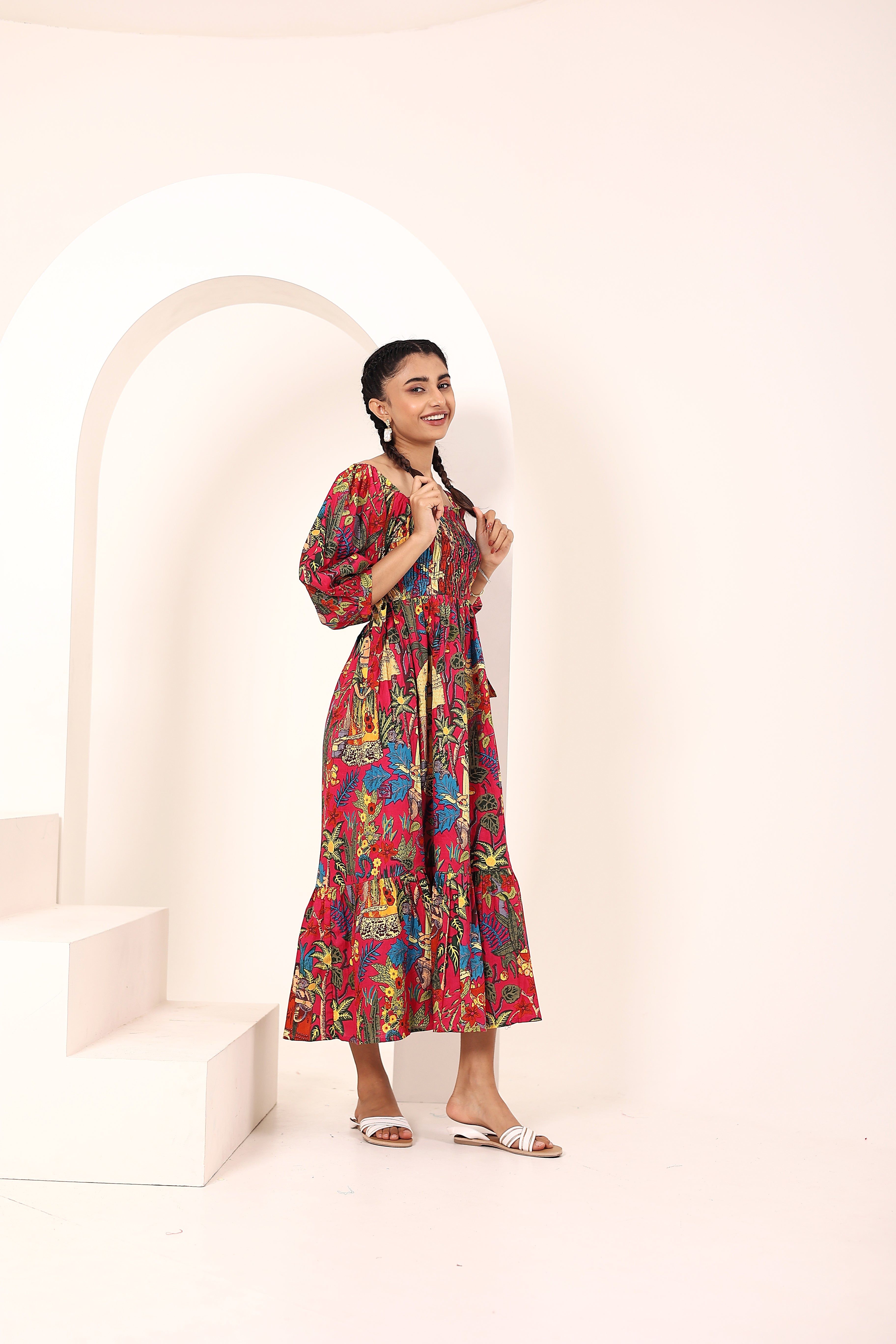 Pink Tropical Printed Off-Shoulder Smocked Midi Dress with Pockets - Kaoribyshreya