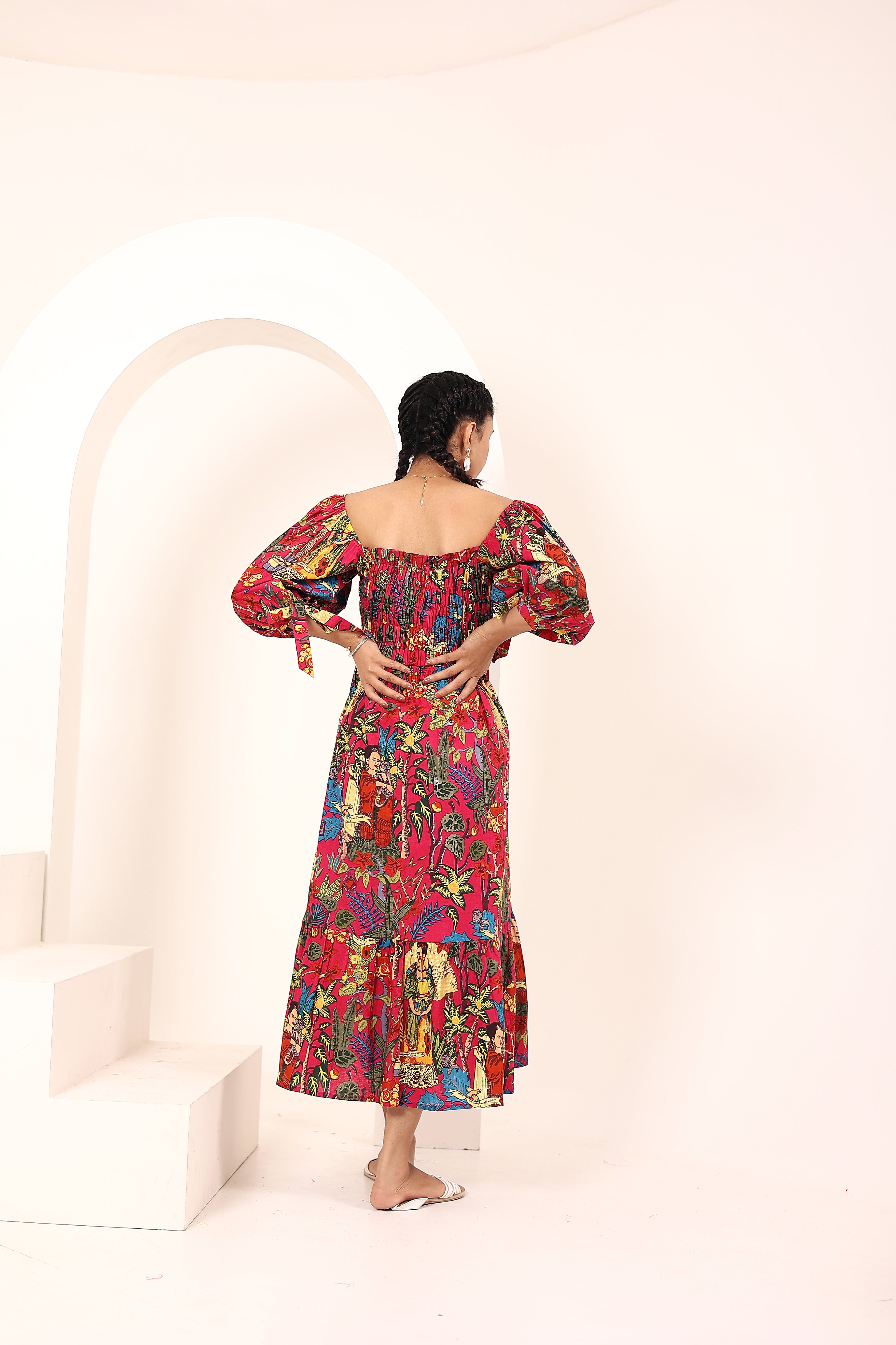 Pink Tropical Printed Off-Shoulder Smocked Midi Dress with Pockets - Kaoribyshreya