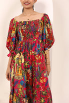 Pink Tropical Printed Off-Shoulder Smocked Midi Dress with Pockets - Kaoribyshreya