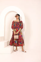 Pink Tropical Printed Off-Shoulder Smocked Midi Dress with Pockets - Kaoribyshreya
