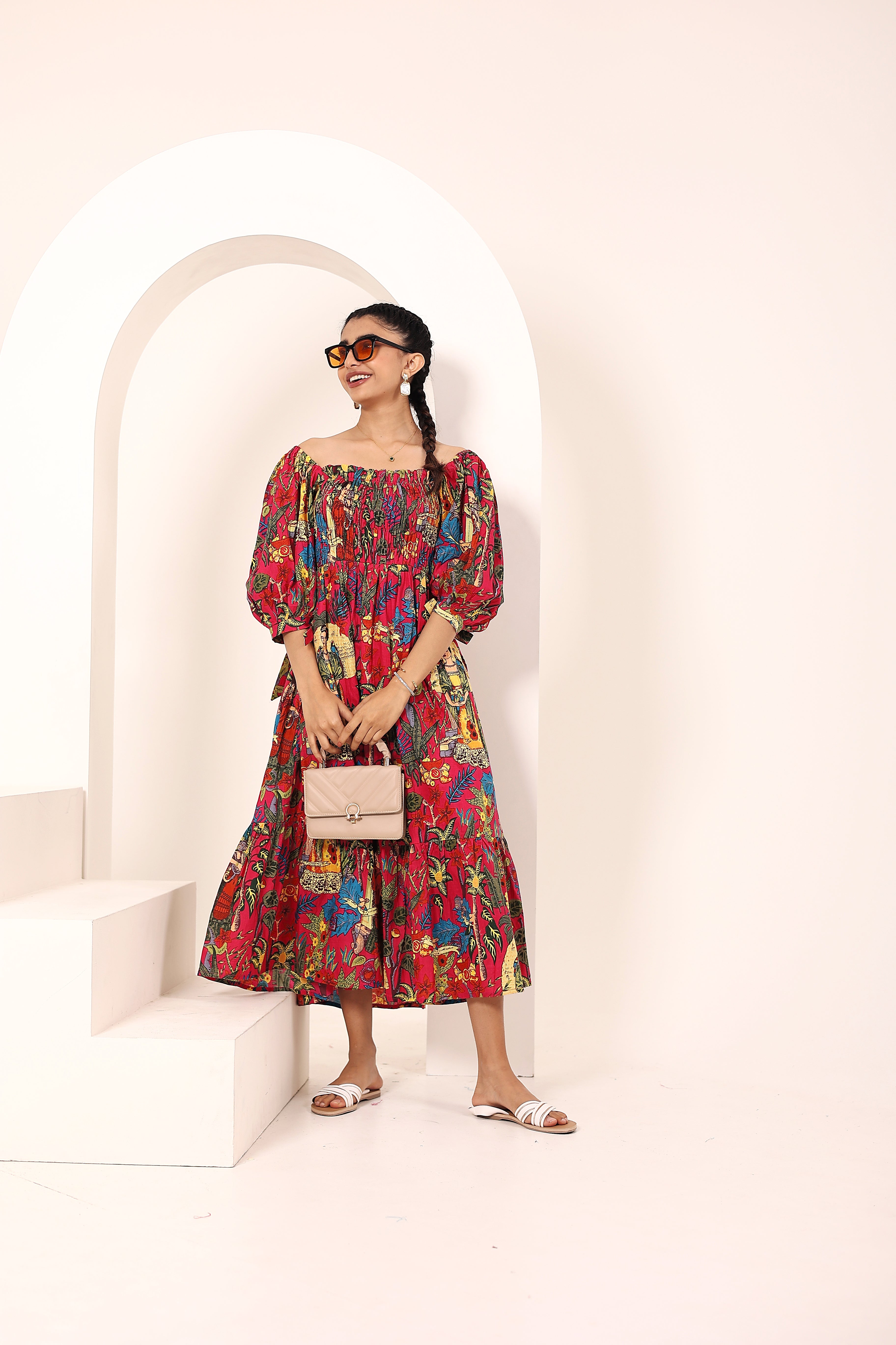 Pink Tropical Printed Off-Shoulder Smocked Midi Dress with Pockets - Kaoribyshreya