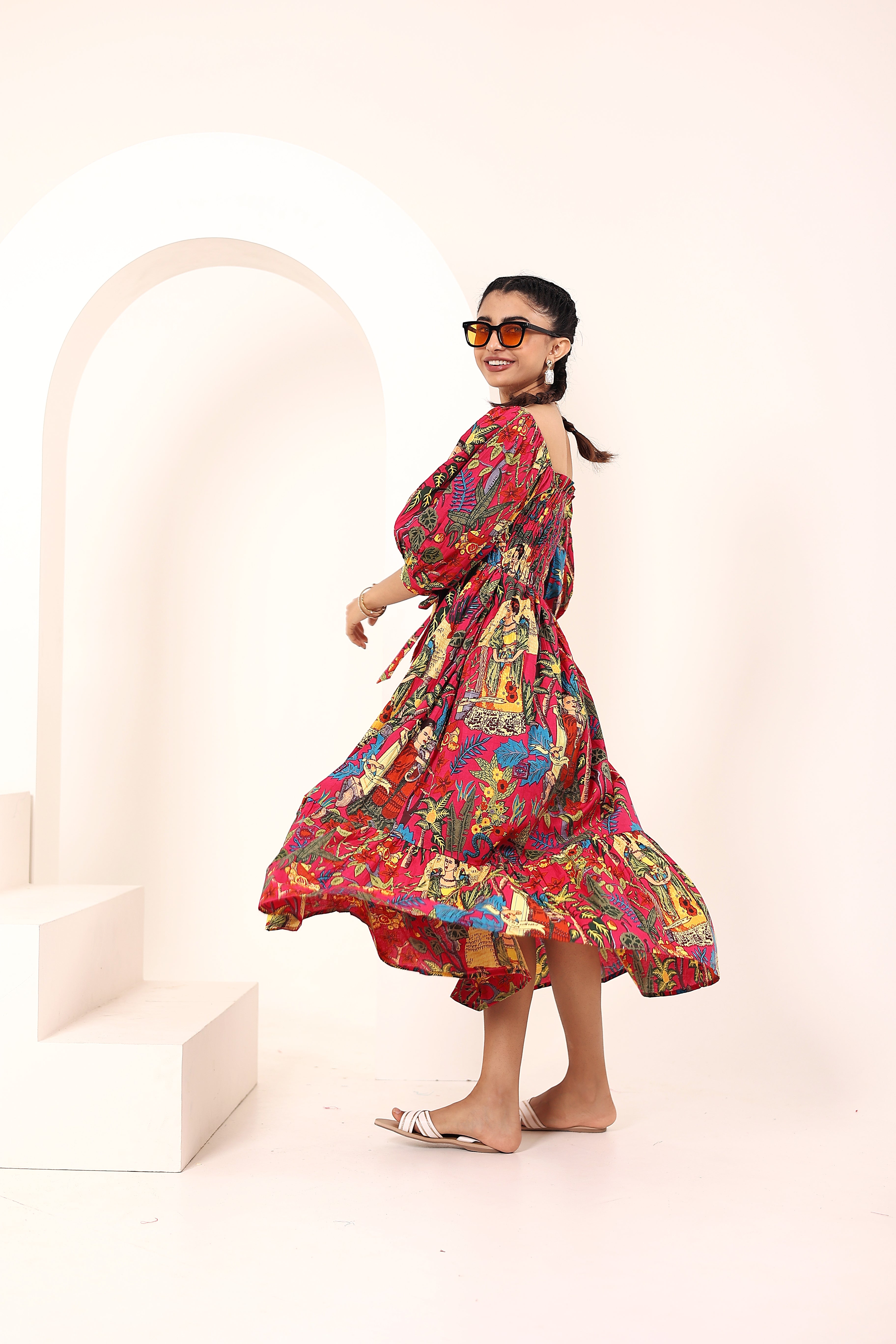 Pink Tropical Printed Off-Shoulder Smocked Midi Dress with Pockets - Kaoribyshreya