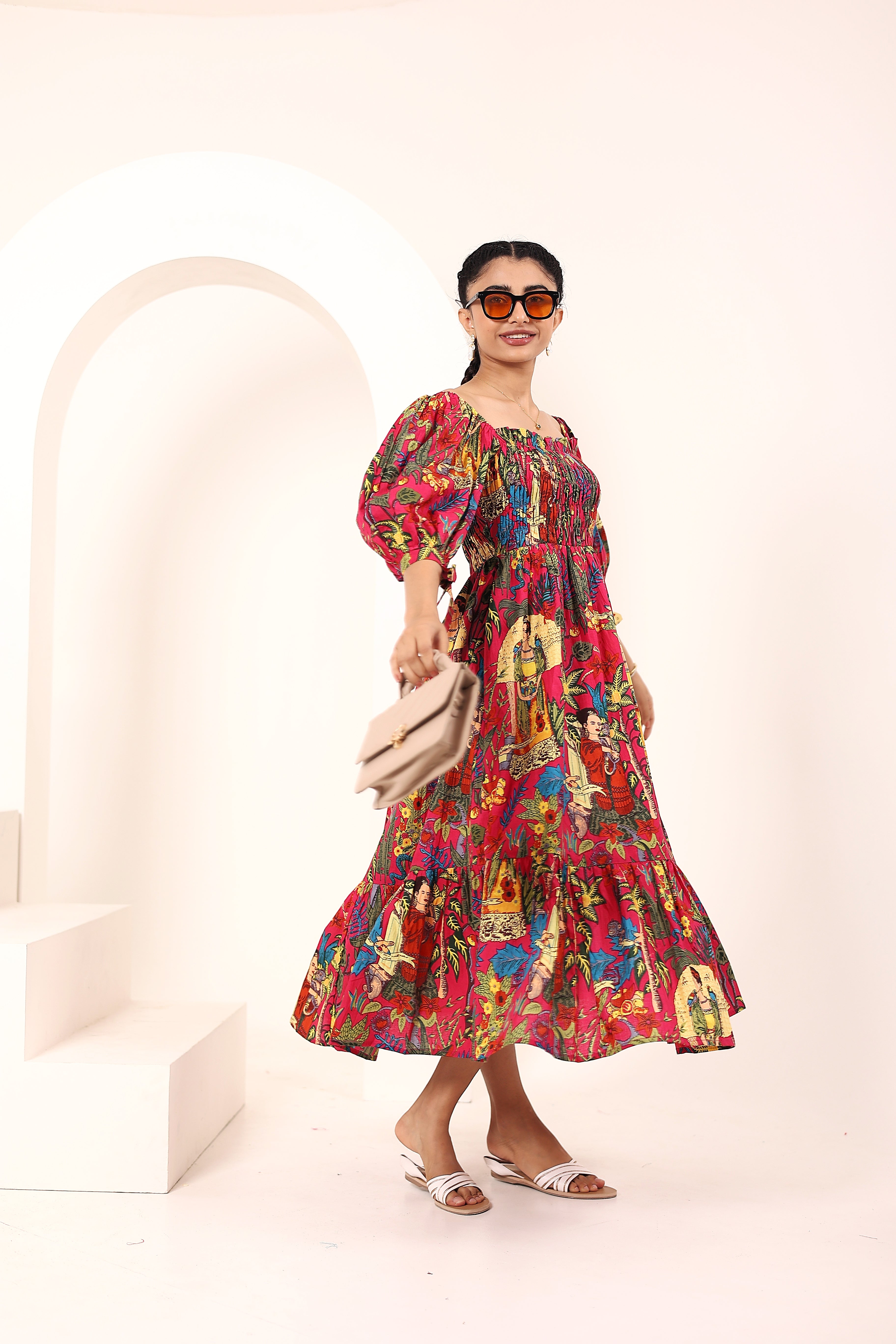 Pink Tropical Printed Off-Shoulder Smocked Midi Dress with Pockets - Kaoribyshreya