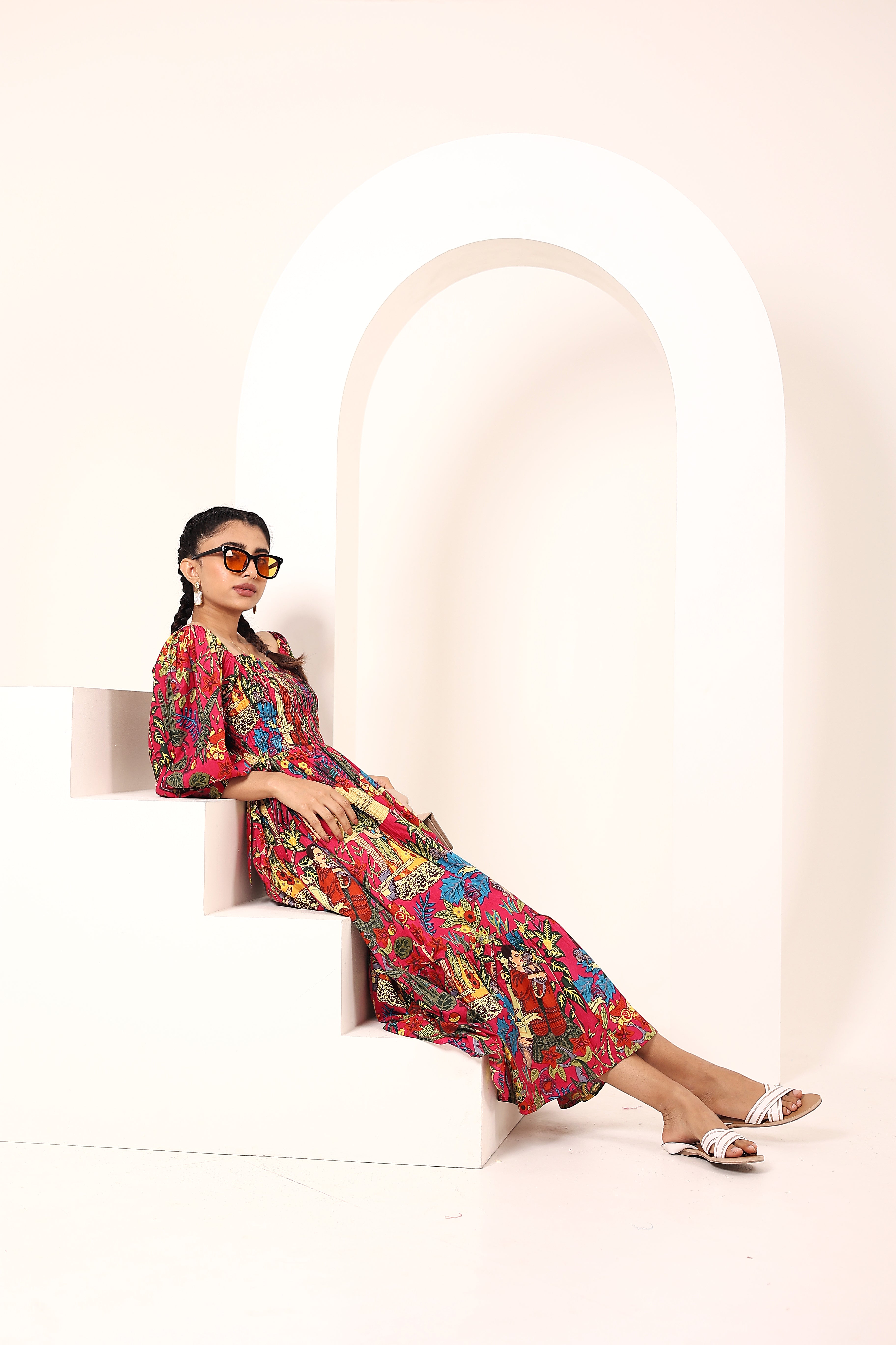 Pink Tropical Printed Off-Shoulder Smocked Midi Dress with Pockets - Kaoribyshreya