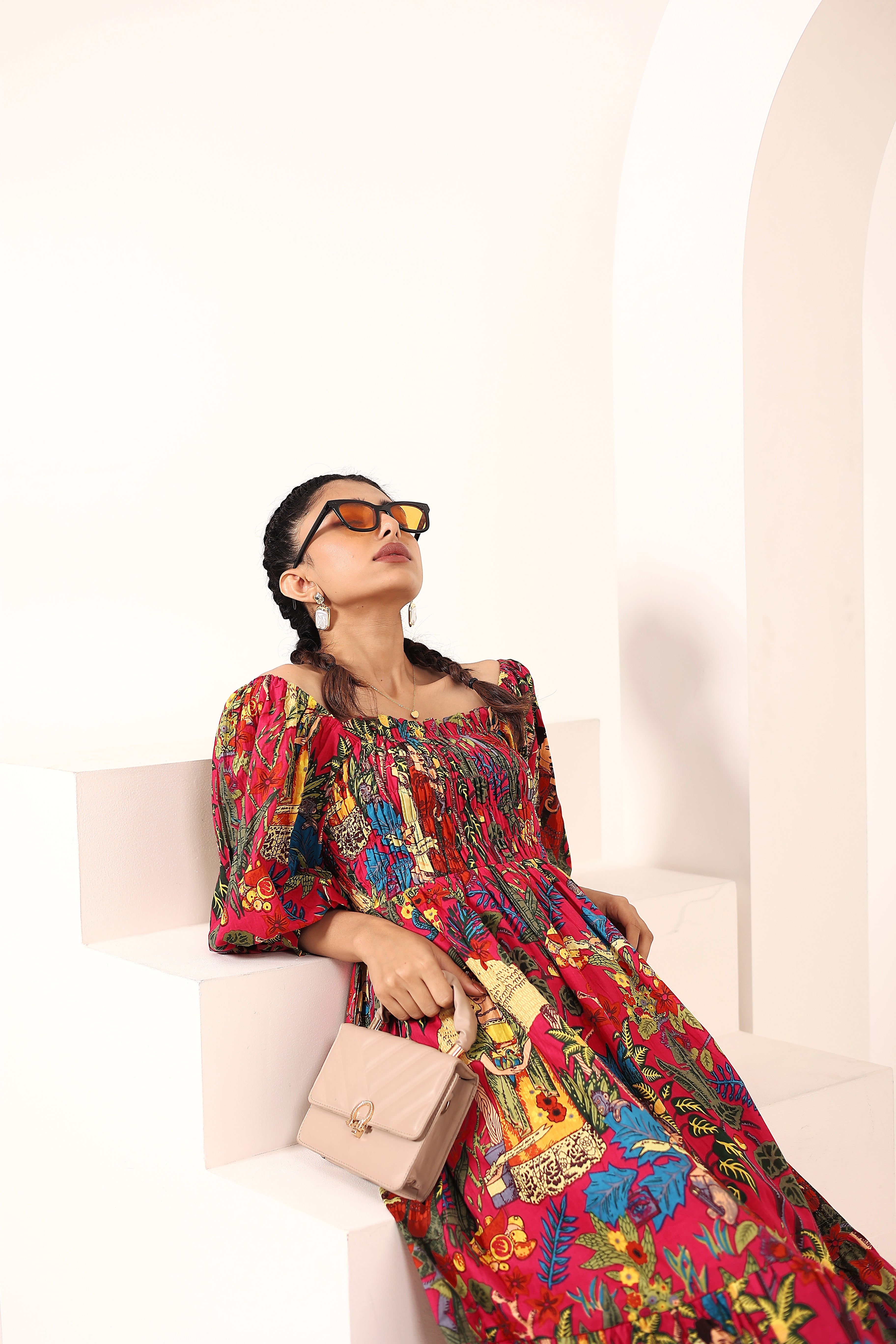 Pink Tropical Printed Off-Shoulder Smocked Midi Dress with Pockets - Kaoribyshreya