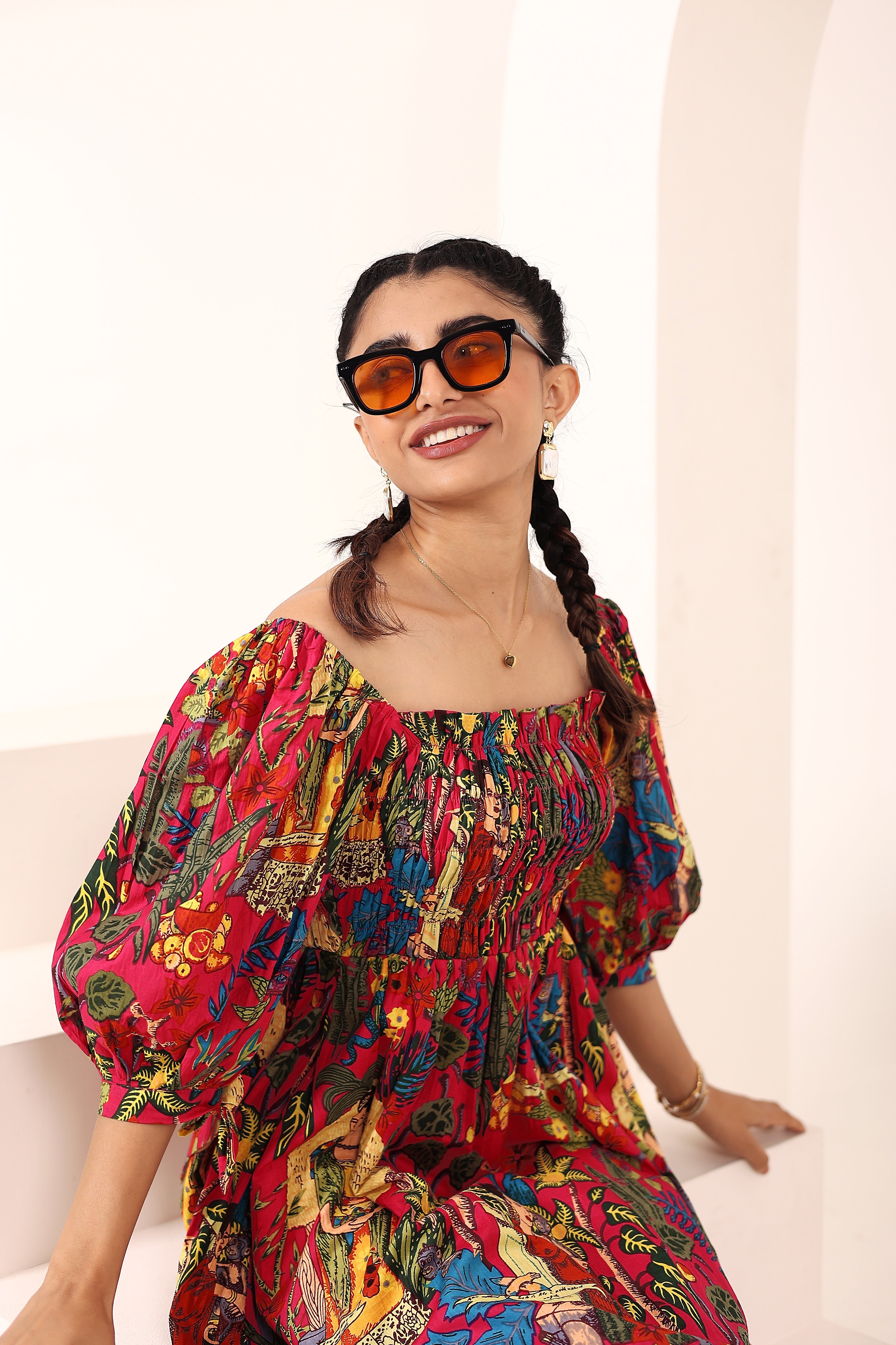 Pink Tropical Printed Off-Shoulder Smocked Midi Dress with Pockets - Kaoribyshreya