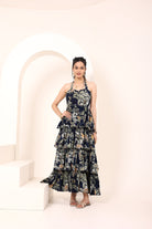 Blue Tropical Printed Halter Neck Tiered Ruffled Maxi Dress - Kaoribyshreya