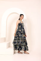 Blue Tropical Printed Halter Neck Tiered Ruffled Maxi Dress - Kaoribyshreya