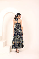 Blue Tropical Printed Halter Neck Tiered Ruffled Maxi Dress - Kaoribyshreya