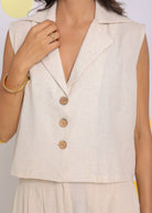 Off White Summer Relaxed Collared Waist Coat Linen Shirt - Kaoribyshreya