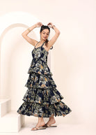 Blue Tropical Printed Halter Neck Tiered Ruffled Maxi Dress - Kaoribyshreya