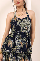 Blue Tropical Printed Halter Neck Tiered Ruffled Maxi Dress - Kaoribyshreya