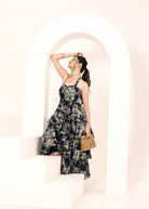 Blue Tropical Printed Halter Neck Tiered Ruffled Maxi Dress - Kaoribyshreya