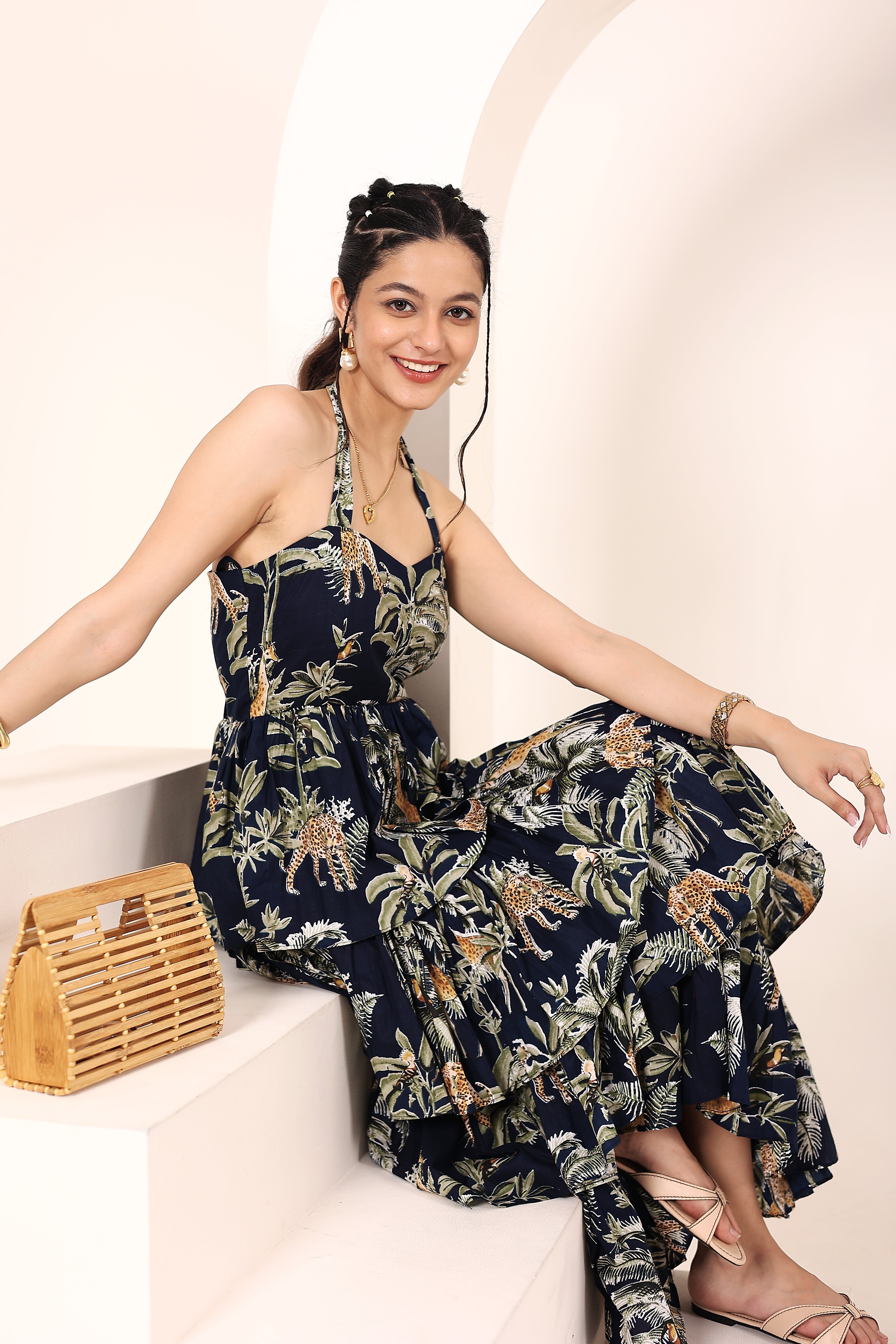 Blue Tropical Printed Halter Neck Tiered Ruffled Maxi Dress - Kaoribyshreya