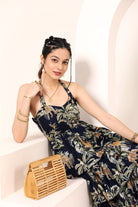 Blue Tropical Printed Halter Neck Tiered Ruffled Maxi Dress - Kaoribyshreya