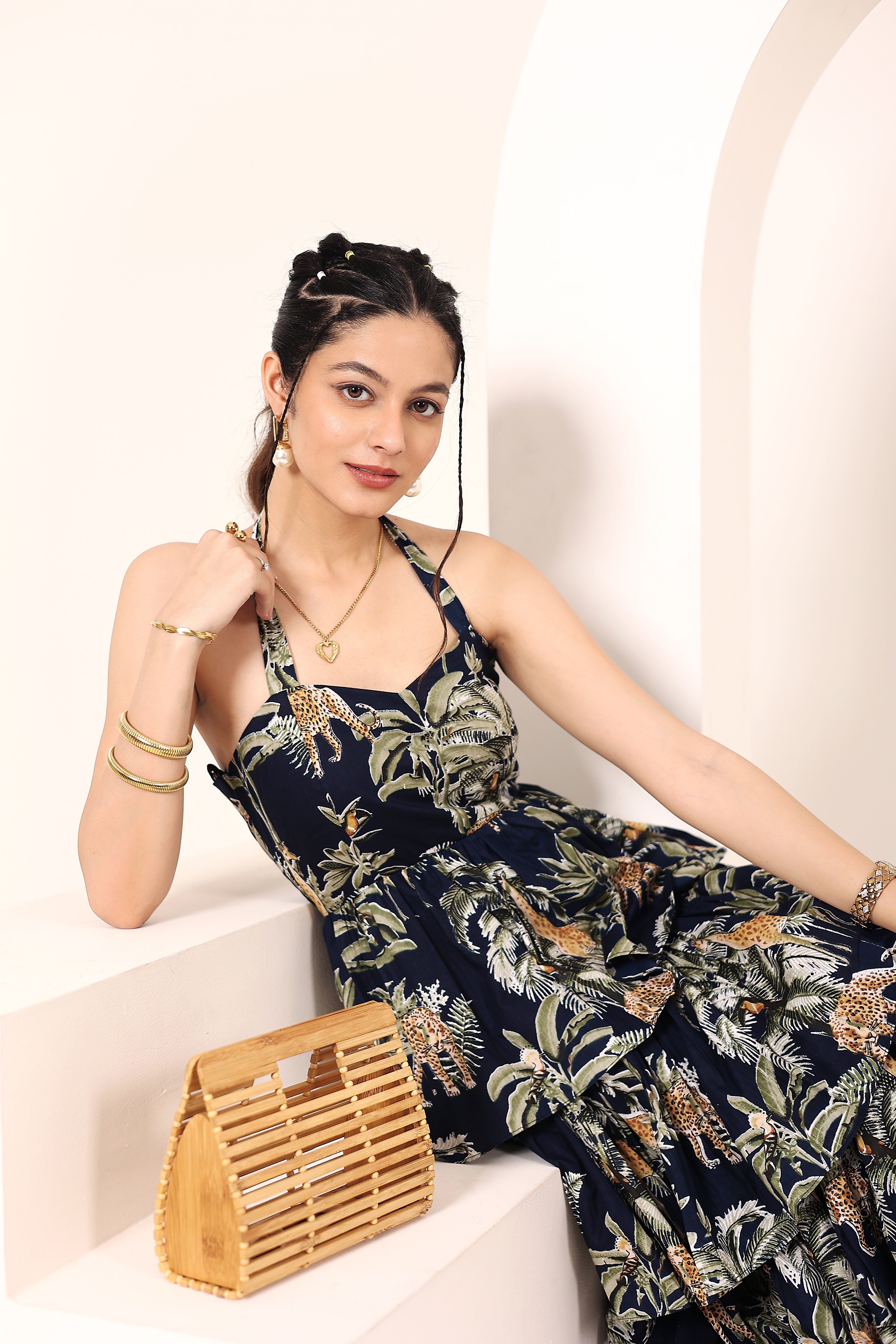 Blue Tropical Printed Halter Neck Tiered Ruffled Maxi Dress - Kaoribyshreya