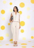 Off White Summer Relaxed Collared Waist Coat Linen Shirt - Kaoribyshreya