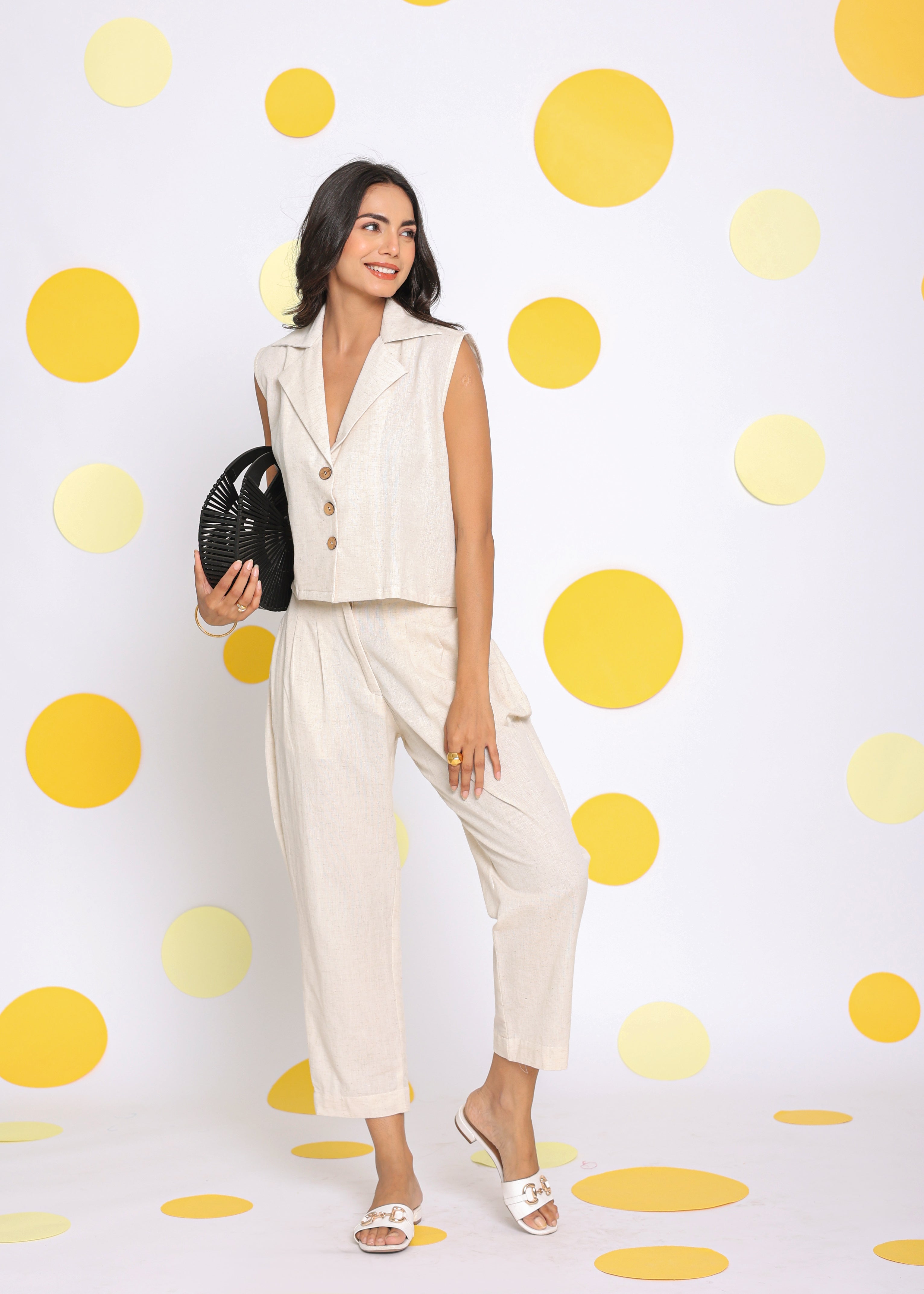 Off White Formal Top and Pant Two Piece Set Summer Relaxed Linen Co-ord Set - Kaoribyshreya