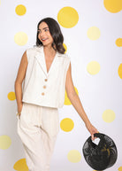 Off White Summer Relaxed Collared Waist Coat Linen Shirt - Kaoribyshreya
