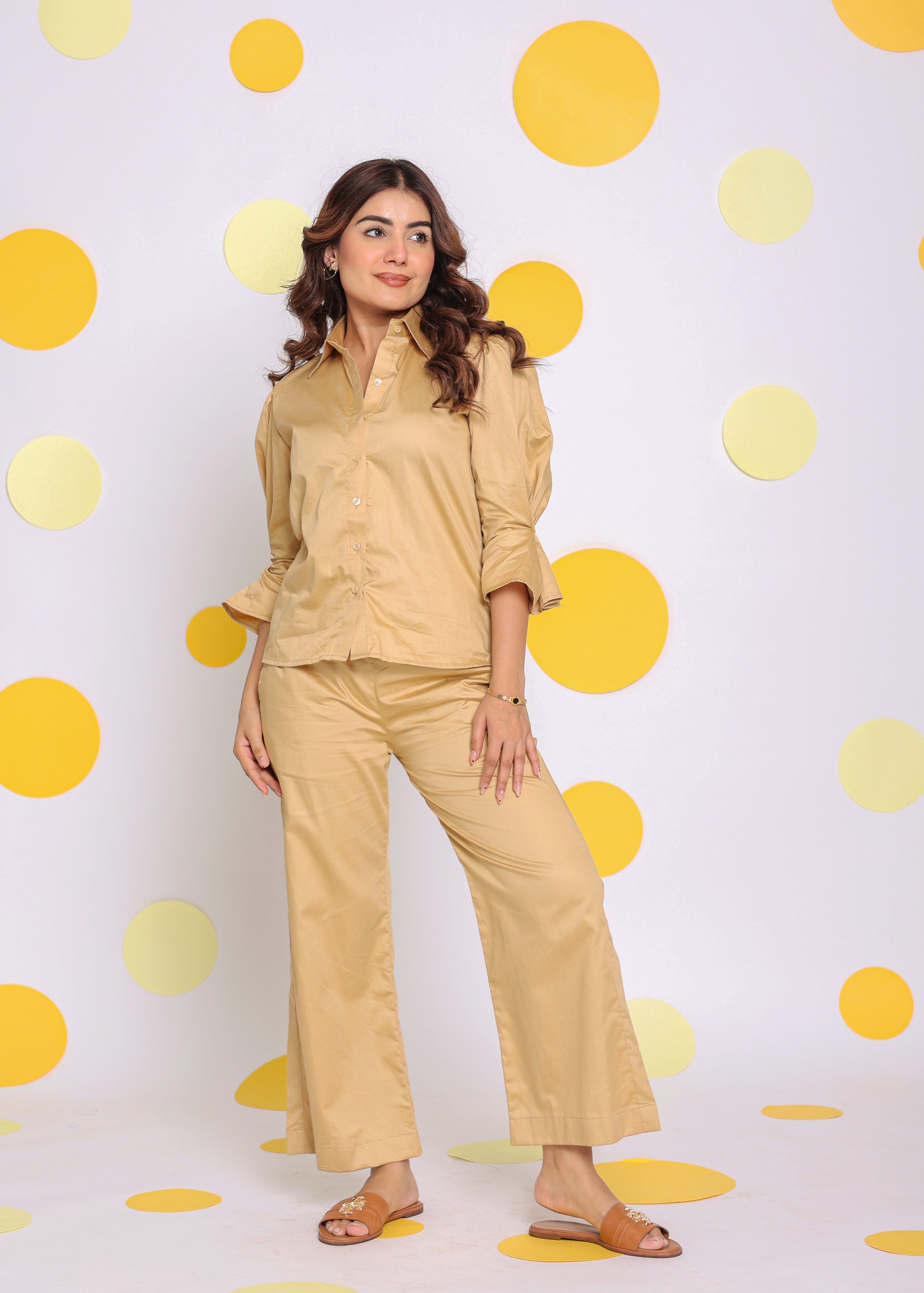 Beige Shirt and Pant 2 Piece Set Summer Relaxed 100% Cotton Co-ord Set - Kaoribyshreya